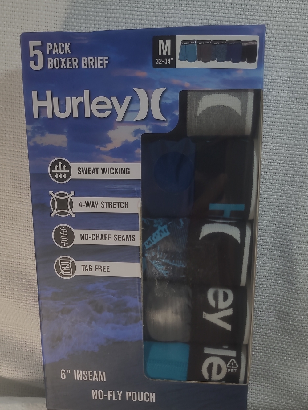 Hurley Men’s Boxer Brief 5-Pack - Black, Blue & Teal Accents Size Medium New